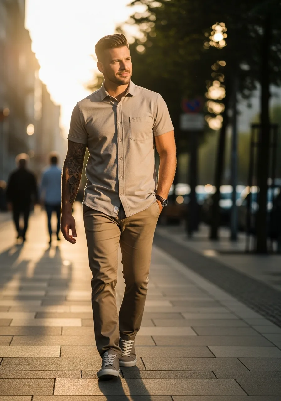 Active man walking through the city at golden hour