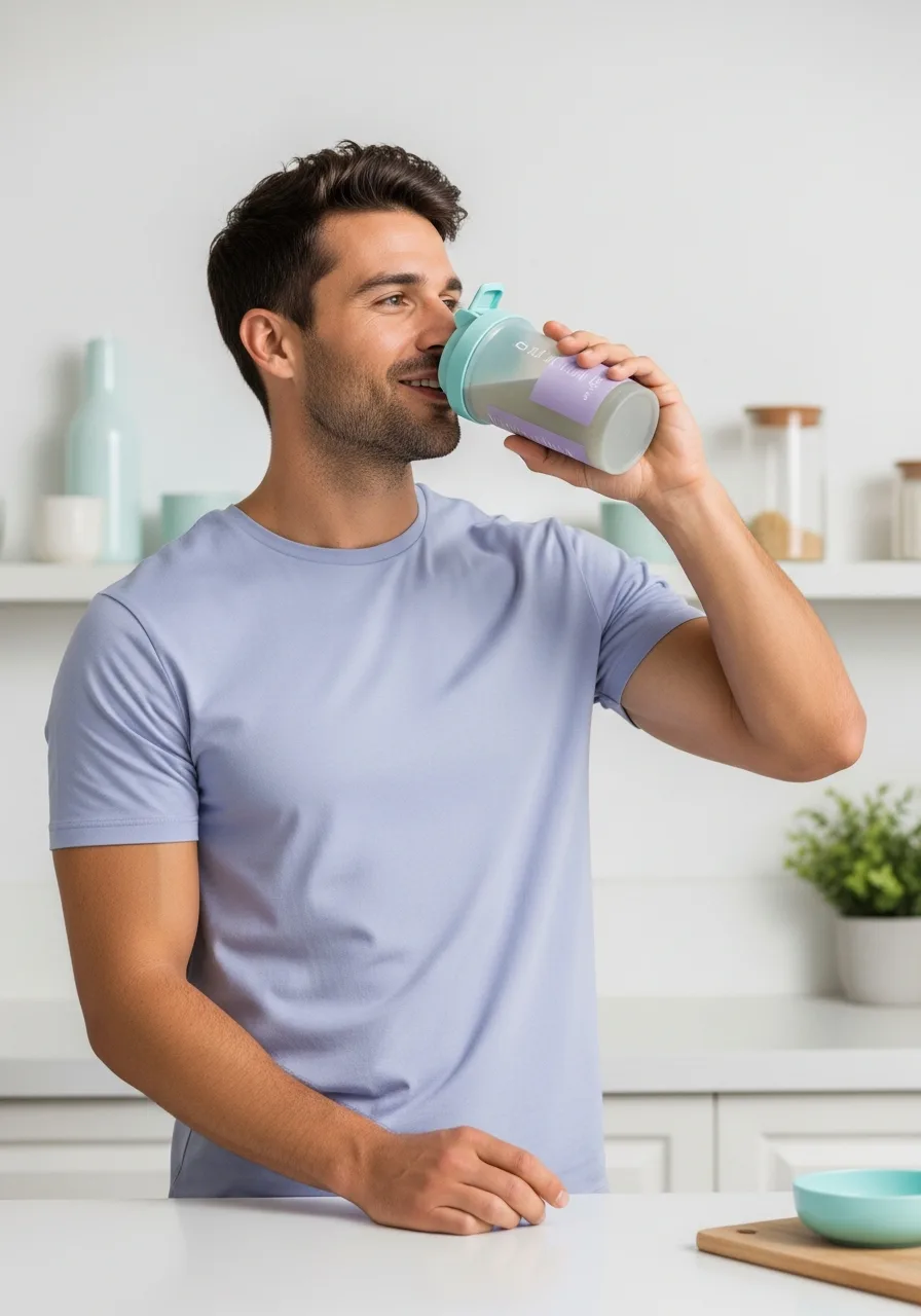 Man drinking a Zepym Health supplement shake